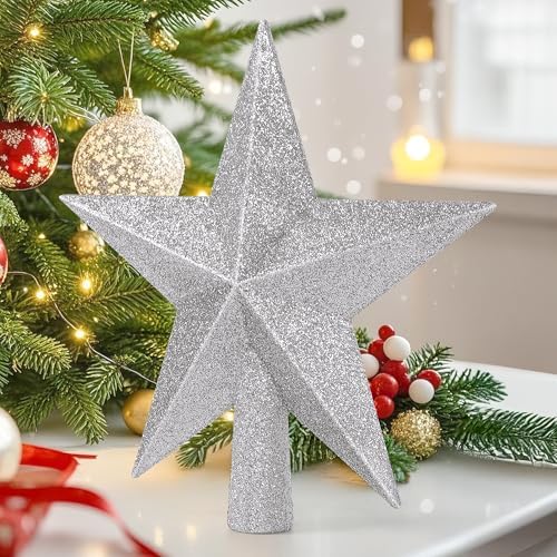 Tree Topper Star, 8" Silver Christmas Tree Topper with Glitter, Xmas Decor