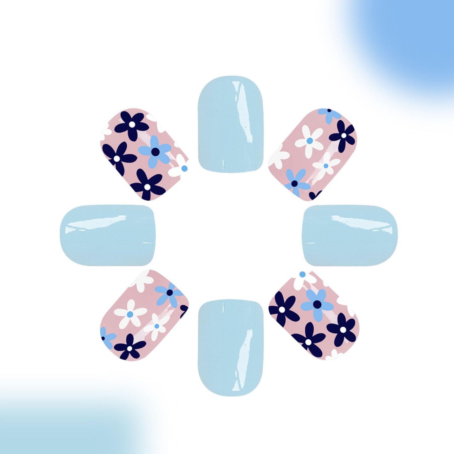 Blue Press on Nails Short Glue on Nails Flowers Fake Nails with Square Designs Cute Full Cover Nails Press ons Summer Artificial Sweet Stick on Nails for Women 24 Pcs