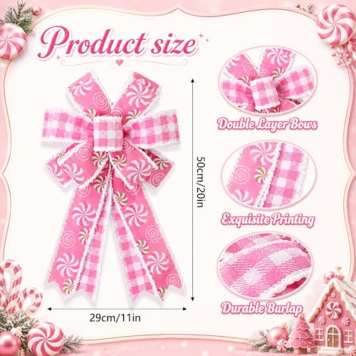 2 Pack Large Pink Christmas Bows for Wreath, 20 x 11 Inch Pre-Tied Wired Ribbon Bows, Candy Theme Tree Topper Bow for Front Door, Garland, Fireplace, Indoor Outdoor Holiday Decorations (Pink)