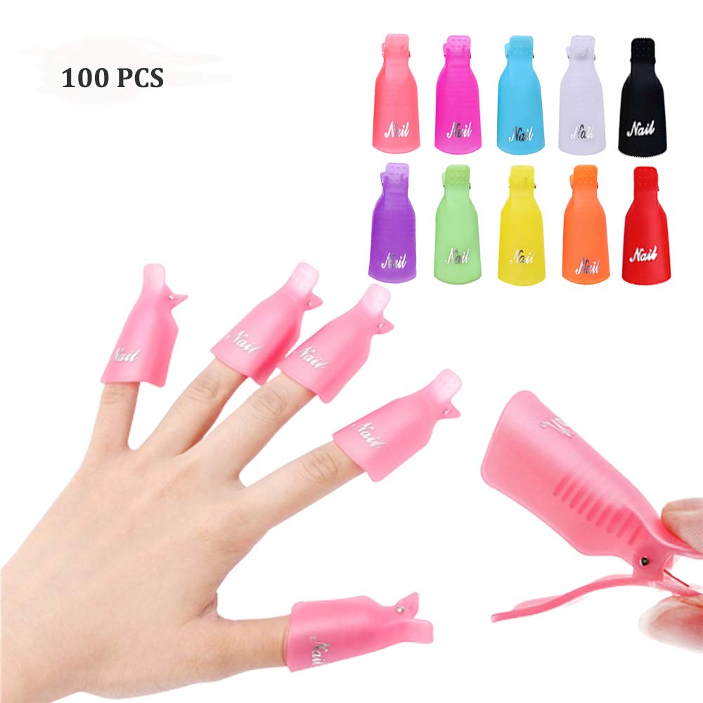 IRCHLYN Nail Polish Remover Clips, 100 Pcs Acrylic Nail Clips Caps for Remover Cleaner Tool (10 Colors)