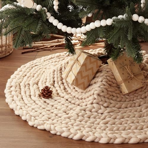 36 inch Christmas Tree Skirt: Chunky Knit Tree Skirt for 6ft Tree, Crochet Beige Small Tree Skirt, Vintage Tree Skirts, Rustic Farmhouse Christmas Decorations