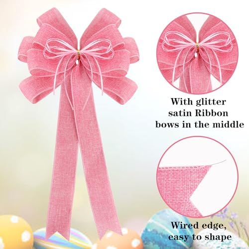 2 Packs Large Pink Valentines Wreath Bows, Large Easter Spring Tree Topper Bow for Christmas Tree, Easter Bow, Valentine Decoration Home Front Door Outdoor Decor (12x20in)