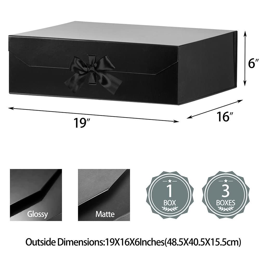 GoooodGift Extra Large Black Gift Box 19x16x6 Inches, Huge Gift Box with Ribbon Lid Magnetic Closure, Groomsman Proposal Box, Gift Boxes for Wedding Dress (Glossy Black)