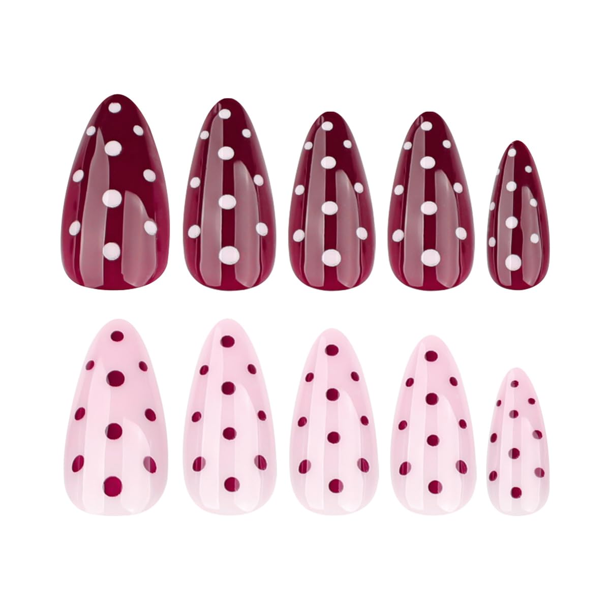Medium Almond Press on Nails - Light Pink & Red Color Block with Polka Dot, Full Cover Glossy Fake Nails 24PCS for Women