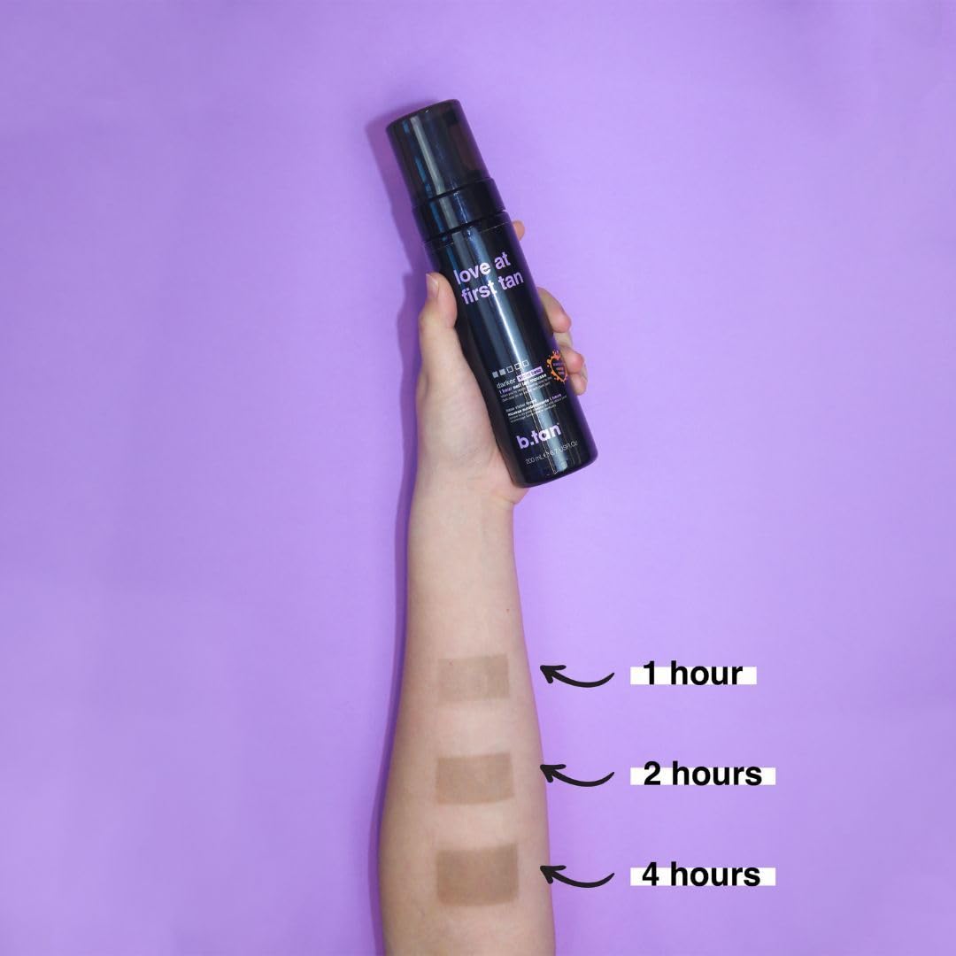 b.tan Violet Self Tanner Mousse Bundle | Love At First Tan - Best, 1 Hour Express Sunless Tanning Foam, Cancels Orange Tones, Dark Bronzing Glow, No Fake Tan Smell, Face & Body, 6.7 Fl Oz, Pack of 2