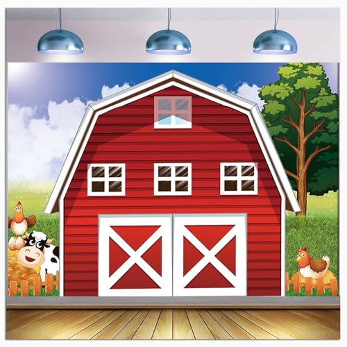 Cartoon Farm Photography Backdrop Animals Rustic Farmhouse Red Barn Photo Background for Kids Birthday Party Decoration Barnyard Baby Shower Newborn Photobooth Banner (10x8 FT) - size: 10x8 FT