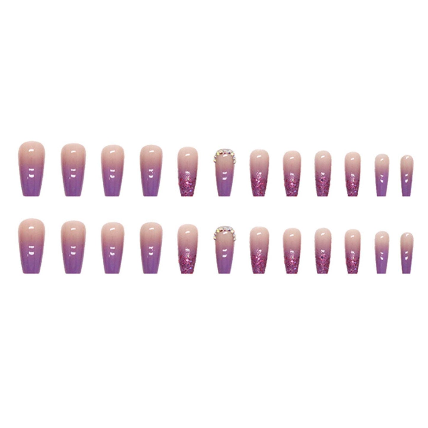 YoYoee Gradient Press on Nails Long Coffin False Nails Bling Fake Nails Full Cover Purple Nails Tips for Women and Girls 24PCS
