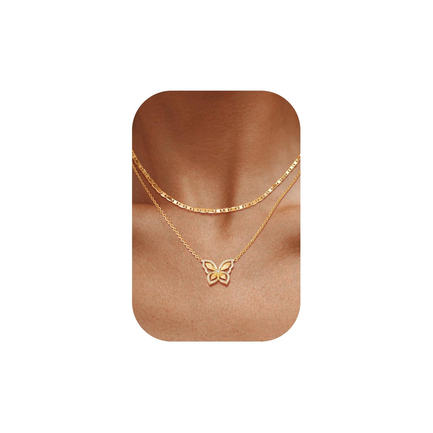 MEVECCO Gold Butterfly Layered Necklace for Women 18K Gold Plated Dainty CZ Charm Cable Choker Chain Double Layer Pendant Necklace Stack Minimalist Handmade Layering Jewelry Set Gift