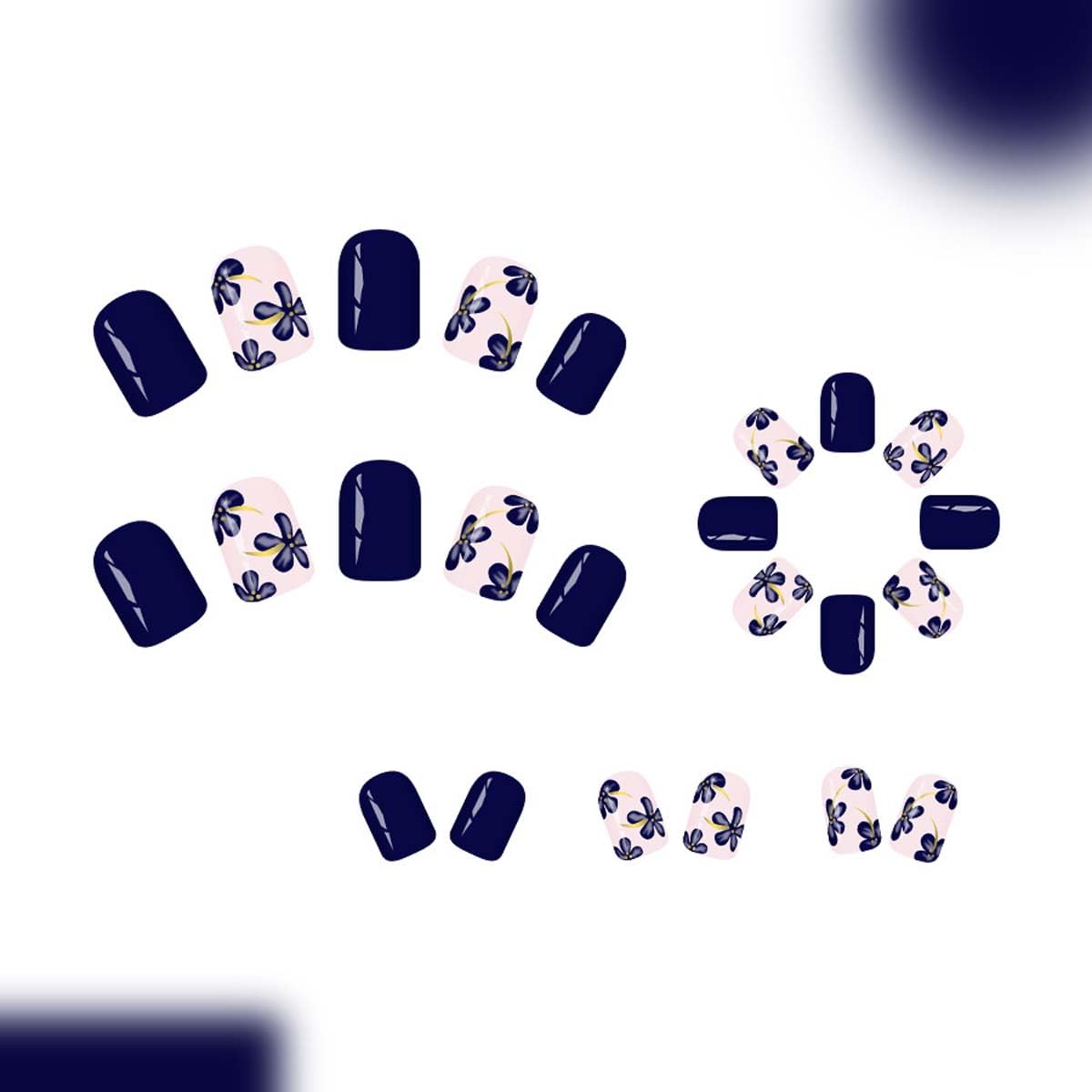 LINMEIZAI Navy Blue Press on Nails Short Square Fake Nails Cute Blue Flower Design False Nails Glossy Acrylic Press ons Artificial Glue on Nail Full Cover Floral Stick on Nails for Women 24Pcs