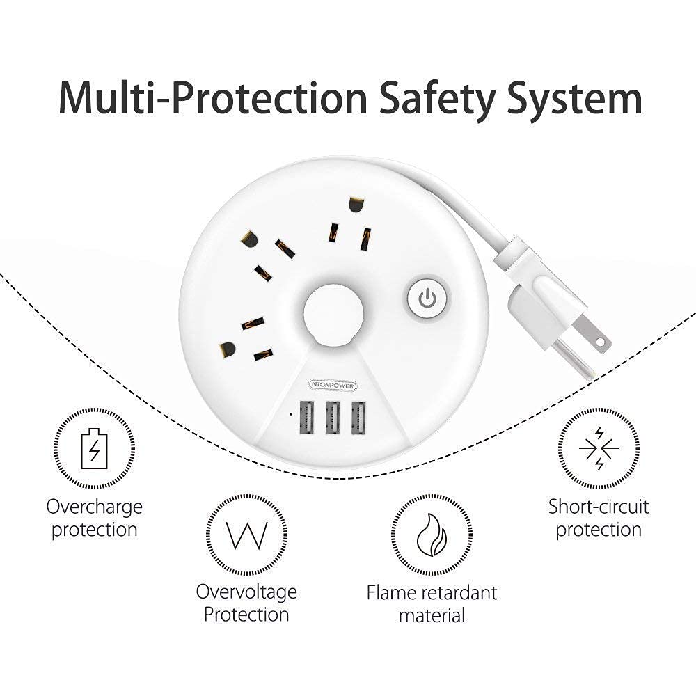 NTONPOWER Travel Power Strip Bundle, 3 Outlets 3 USB Portable Desktop Charging Station with 15 inch Short Cord and 5ft Extension Cord for Office, Home, Hotels, Cruise Ship, Nightstand - White