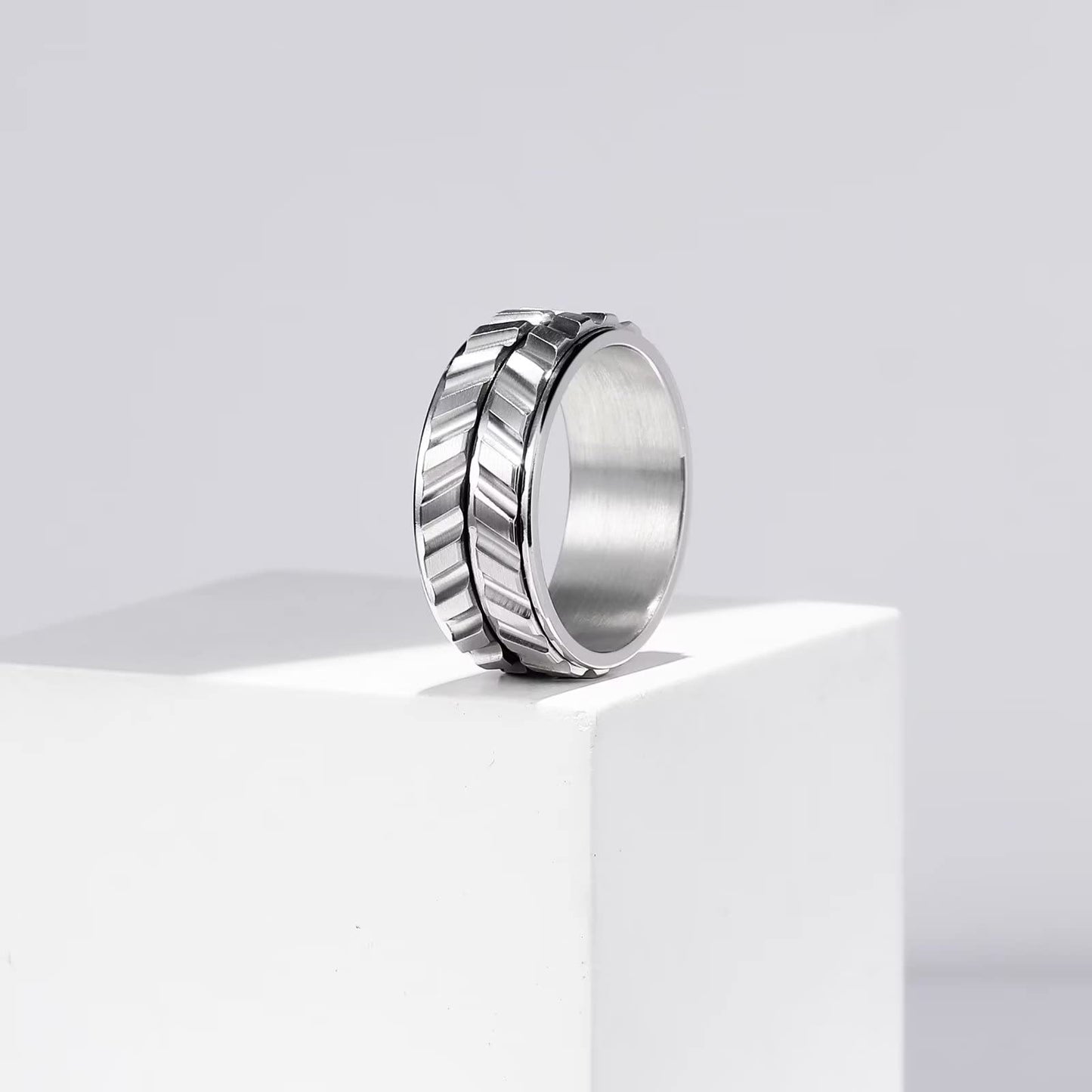 King Will Mens Silver 8mm Spinner Rings Tire Thread Stainless Steel Groove Anxiety Fidget Ring for Men 10
