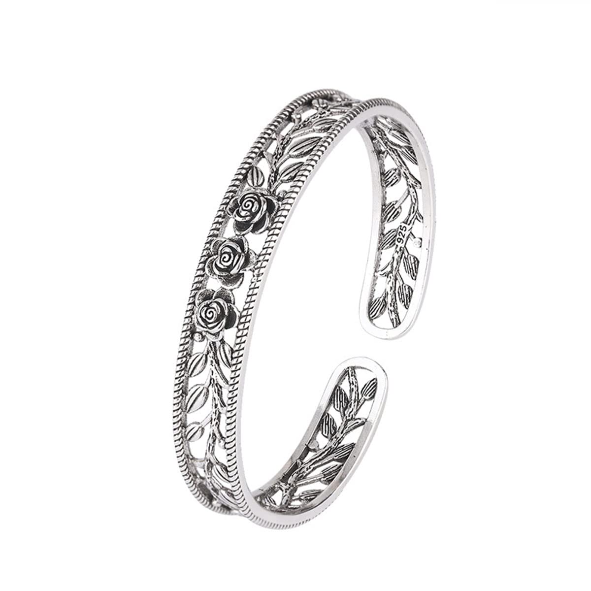 FUTIMELY Silver Leaf Vintage Adjustable Feather Bracelet Trendy Hollow Rose Flower Leaves Cuff Bangle Wedding Bangle for Women Men