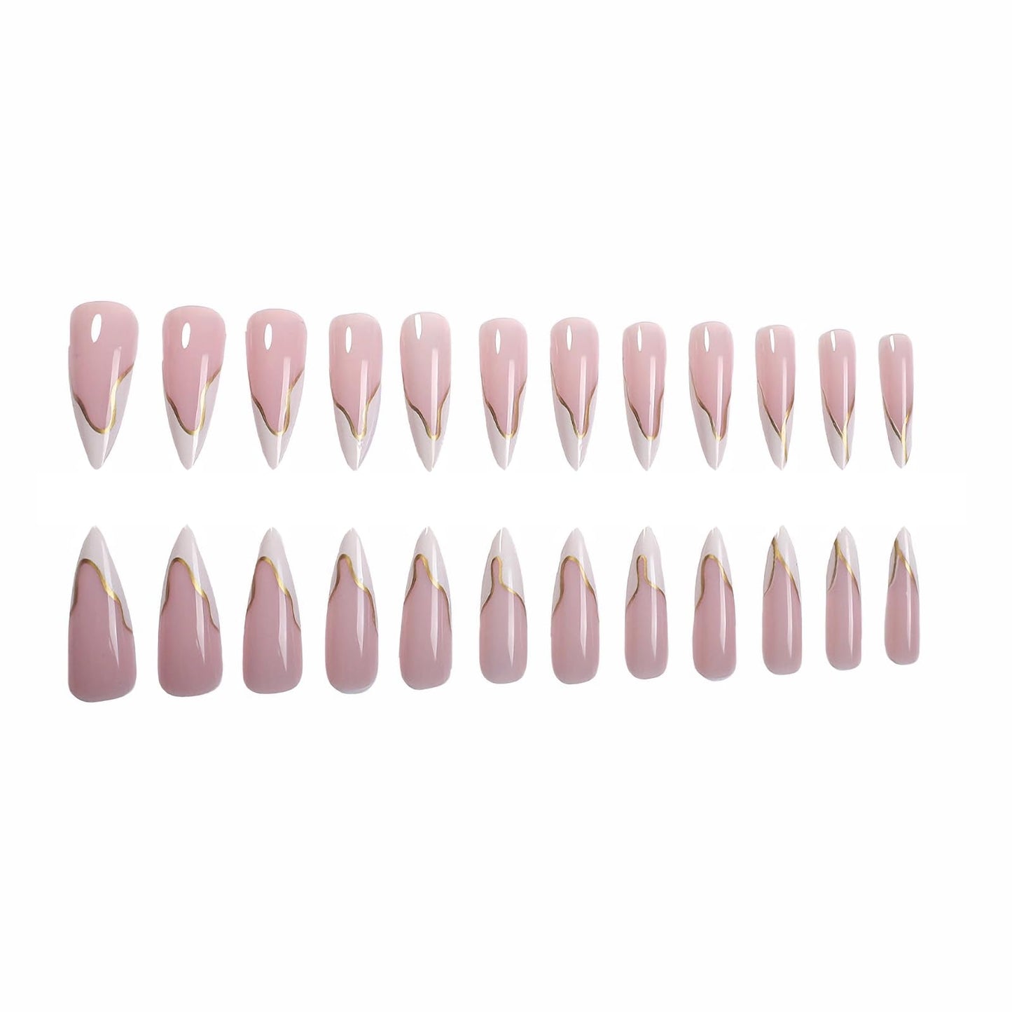 MERVF Press on Nails Long Stiletto White French Tip Fake Nails Wedding Glue ons Acrylic Nail Gold Lines Design Manicure Supplies Glossy 24pcs
