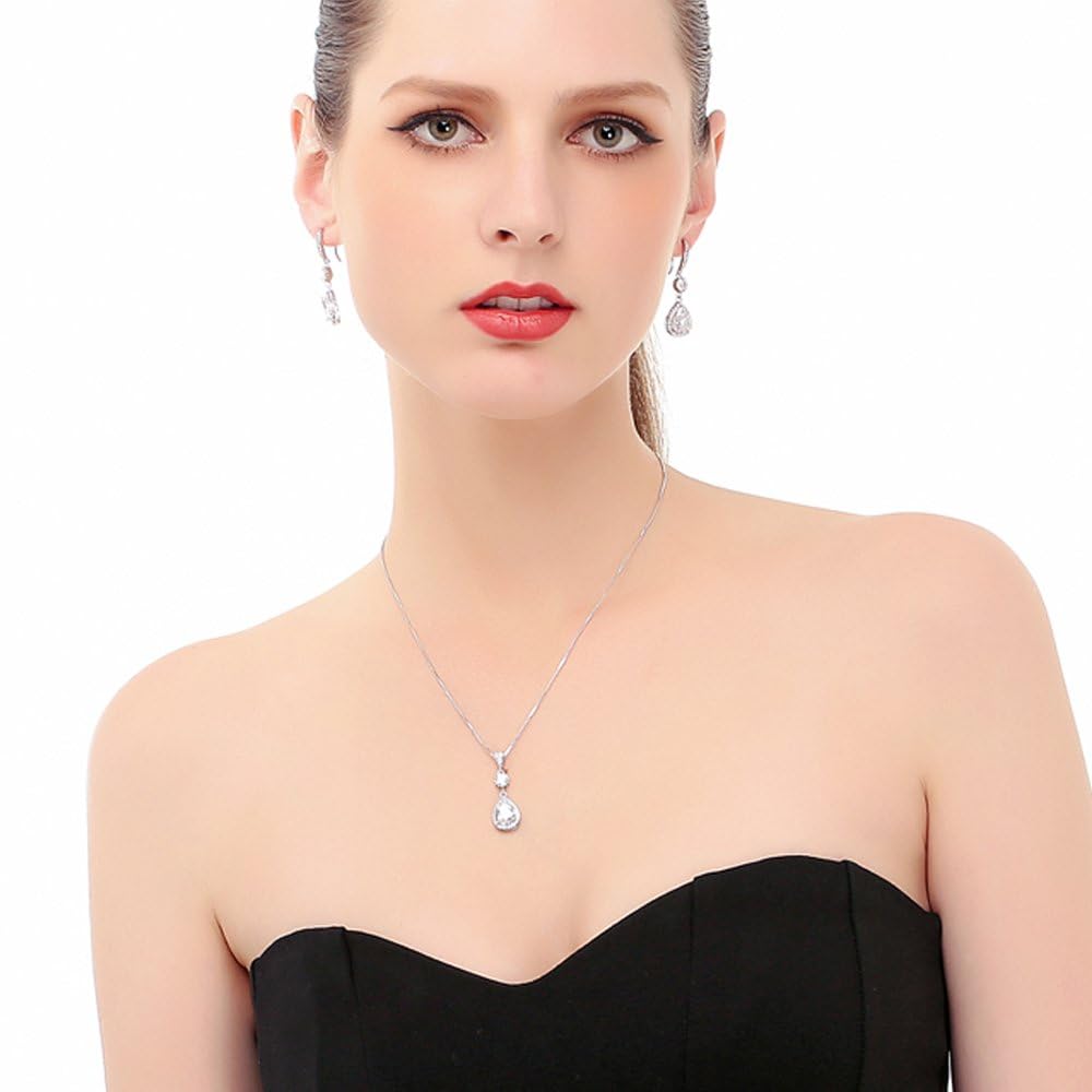 AMYJANE Bridal Jewelry Set for Wedding - Teardrop Silver Cubic Zirconia Crystal Drop Earrings and Necklace Set for Bride Bridesmaids Mother of Bride Prom Party