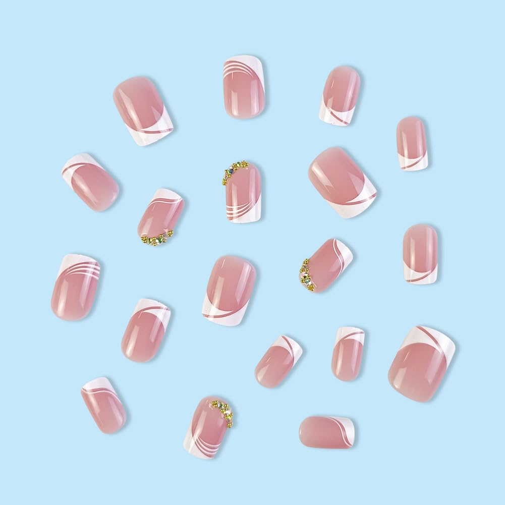 Extra Short Press On Nails 24Pcs Glue On Nails Square Short Fake Nails Glossy False Nails with White French Tip&Diamond Press Ons Designs Artificial Stick on Nails for Women