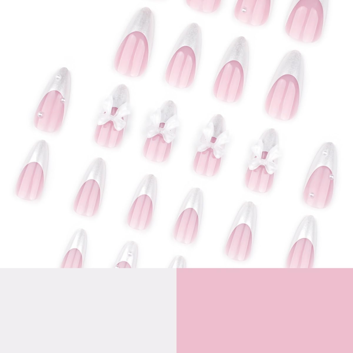 White French Tip Press on Nails Medium Almond Reusable Fake Nails with Glue Pearl Bow Rhinestones Stick on Nails Pink Glossy False Nails for Women DIY Manicure Decoration, 24PCS