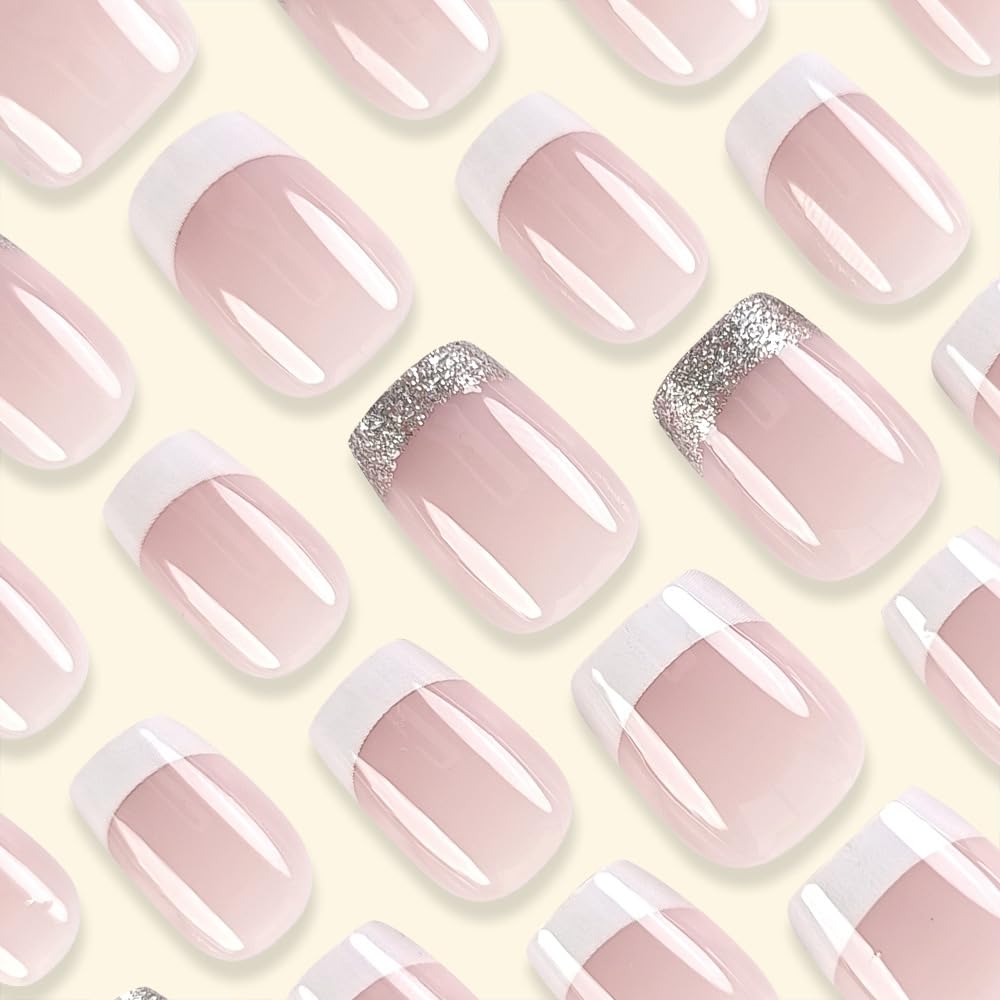 24Pcs White French Tip Press on Nails Short Square Fake Nails with French Glitter Designs Glossy Nail Tips Cute Full Cover Acrylic Nails Artificial Nude False Nails Natural Glue on Nails for Women