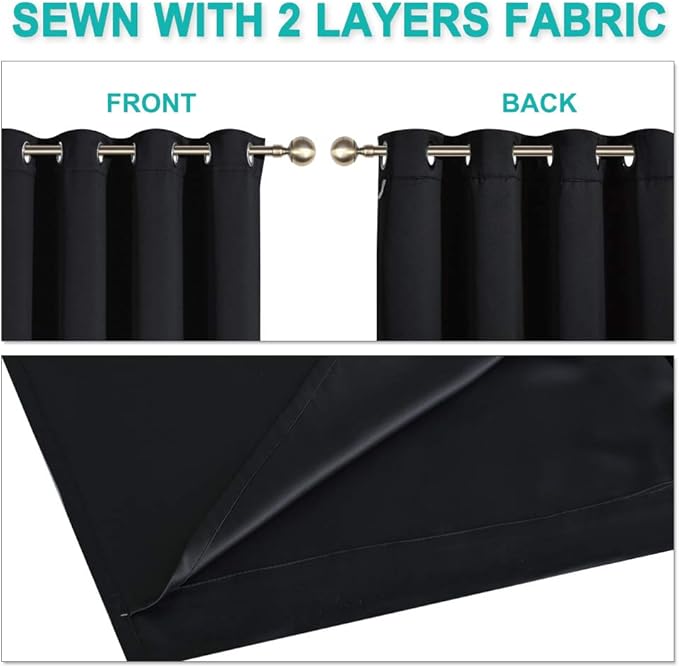 NICETOWN High-End Thermal Kitchen Curtains, Black, 37" Wide Per Panel, Set of 2 Panels, Full Blackout Curtains 80 Inches Long for Dining Room, Soundproof Window Treatment Drapes for Hall Room