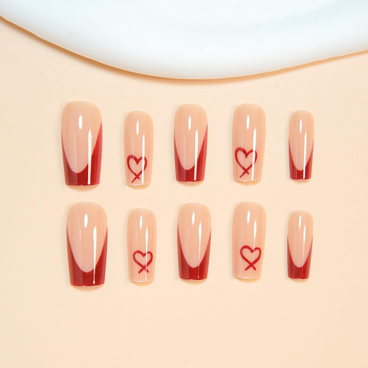 Red French Tip Press on Nails Coffin - Medium Fake Nails with Heart Design - Glossy Full Cover Stick on Press ons for Women Manicure Kit 24 Pcs