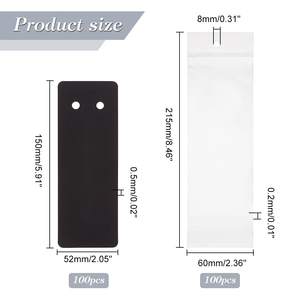 PH PandaHall 100 Sets Long Keychain Display Cards with Self-Sealing Bags, 5.9x2 Inch Black Paper Keyring Display Holder Keychain Cards Holder for Displaying Keyring Keychains Jewelry Packaging