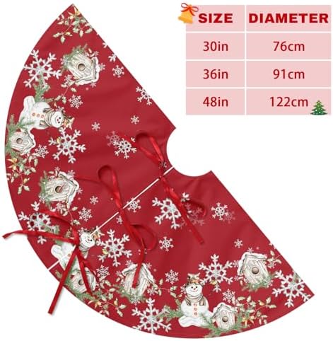 Winter Snowman Red Christmas Tree Skirt 48 Inch Xmas White Snowflake Tree Skirt Winter Snowman Christmas Tree Mat for Xmas Farmhouse Home Party Holiday Indoor Outdoor Decorations