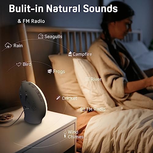 JALL Full-Screen Wake Up Light Sunrise Alarm Clocks for Bedrooms, White Noise Machine for Heavy Sleepers, 25 Natural Sounds, Dual Alarms, FM Radio, 17 Dimmable Colors, Bluetooth Speaker