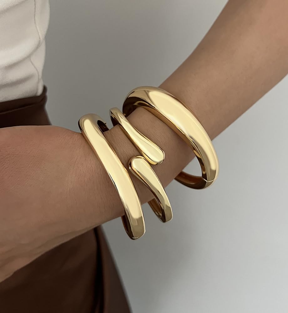 Chunky Gold Bangle Bracelets for Women, Dainty 14k Gold Plated Simple Stackable Bangles Set, Fashion Vacation Accessories Small Gifts for Daughter