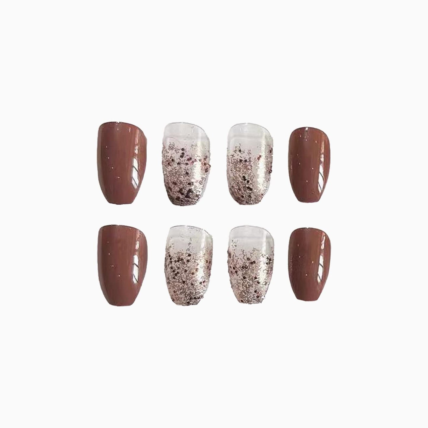 SINHOT Coffin Press on Nails Medium Ballerina Glossy Glue on Nails Brown Gradient Acrylic False Nails Designs 24 pcs