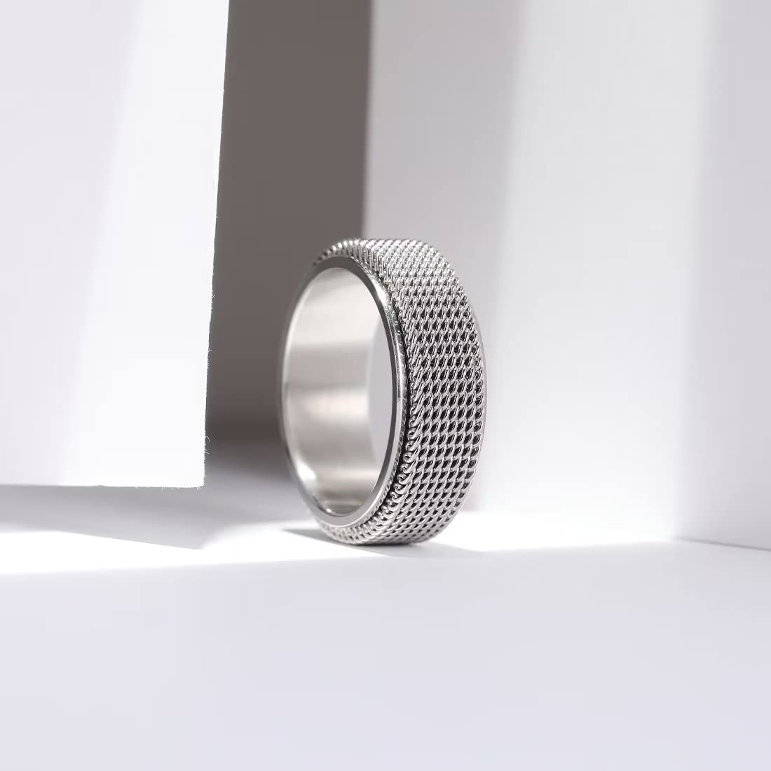 King Will Silver 8mm Spinner Chain Mesh Rings Stainless Steel Anxiety Ring for Women Men Wedding Band Ring Fidget Ring Mesh Chain Woven Mesh 12
