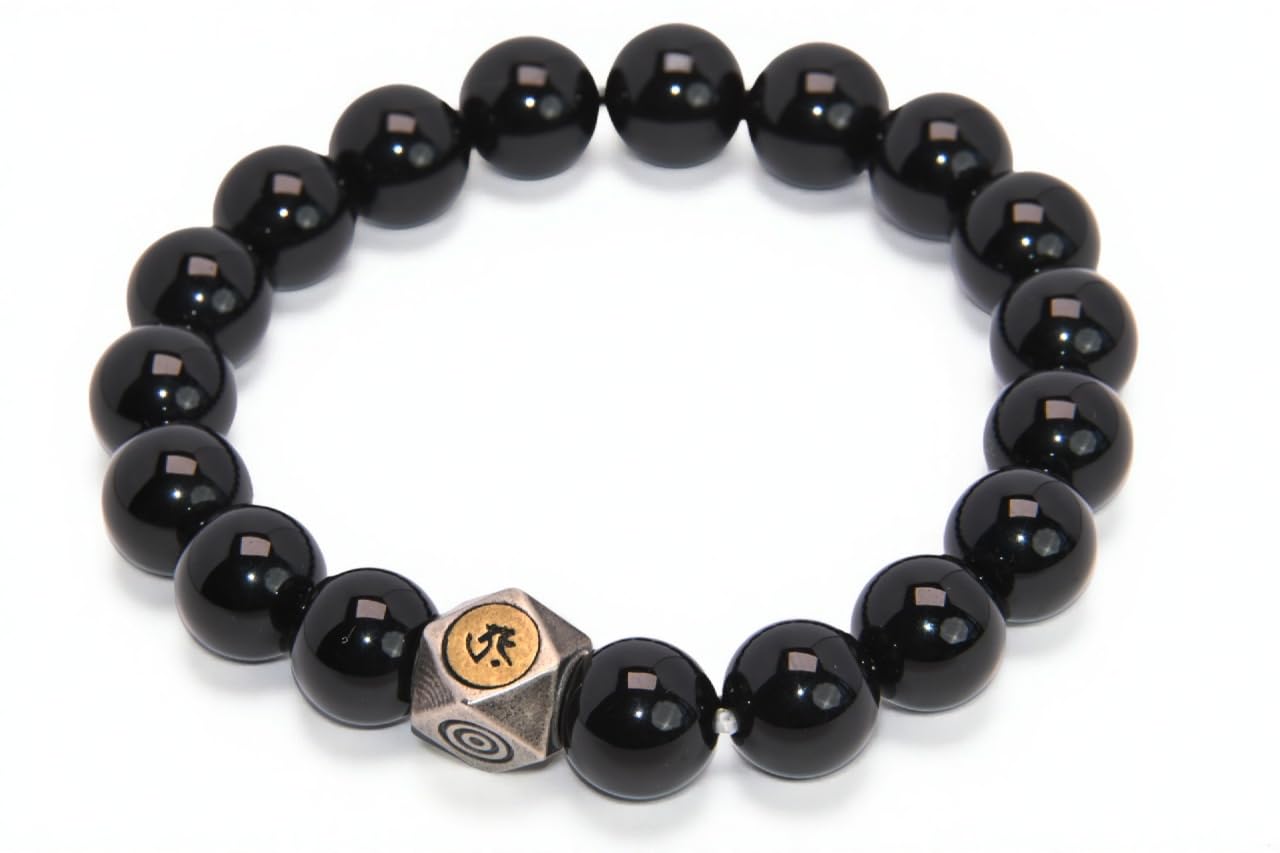 FAIRY CONCEPT Natural Black Obsidian Beaded Bracelet with Metal Charm, Polished Stone Beads, Elastic Stretch Design, Unisex Protection Jewelry
