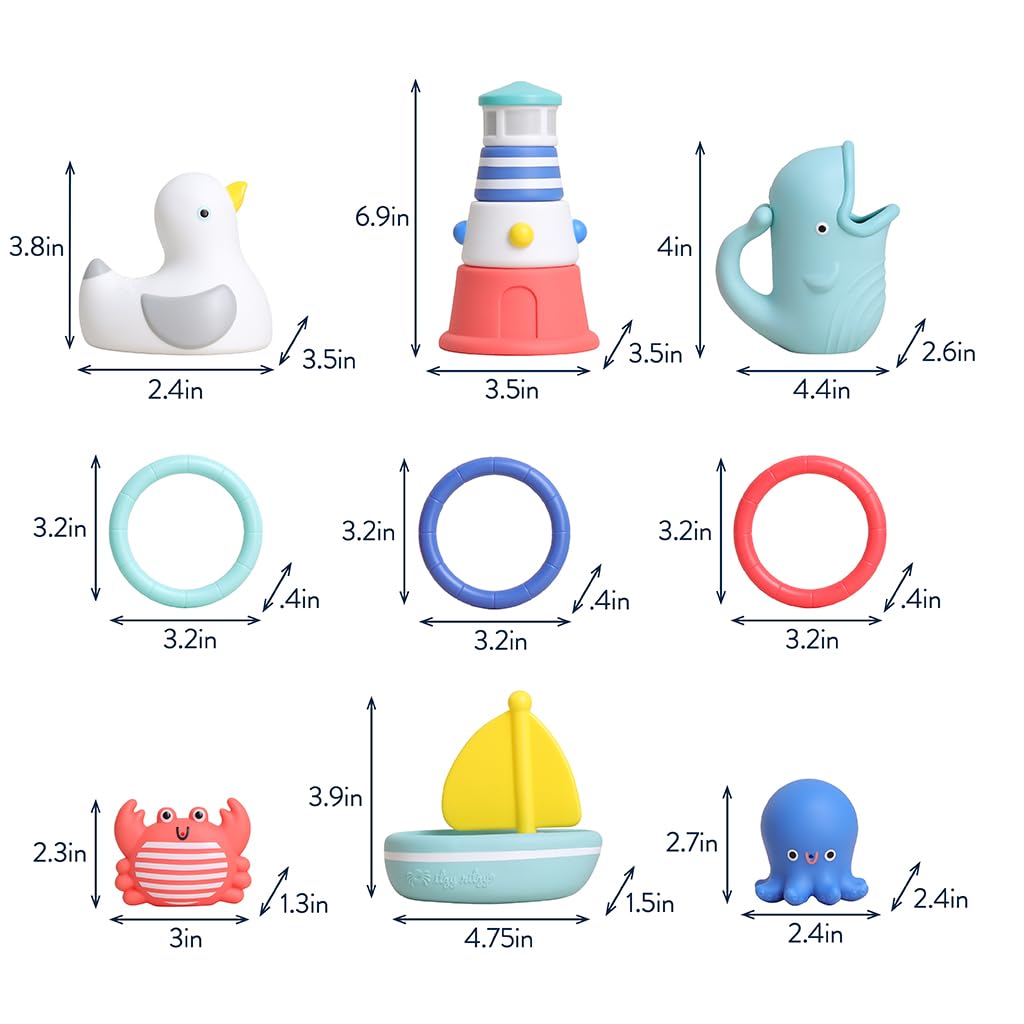 Itzy Ritzy Bathtime Gift Set – 12-Piece Baby Bath Toys for Infants & Toddlers – Stacking Lighthouse, Ring Toss, Scoop, Squirters & Sailboat – Develops Motor Skills & Teaches Cause & Effect (Nautical)