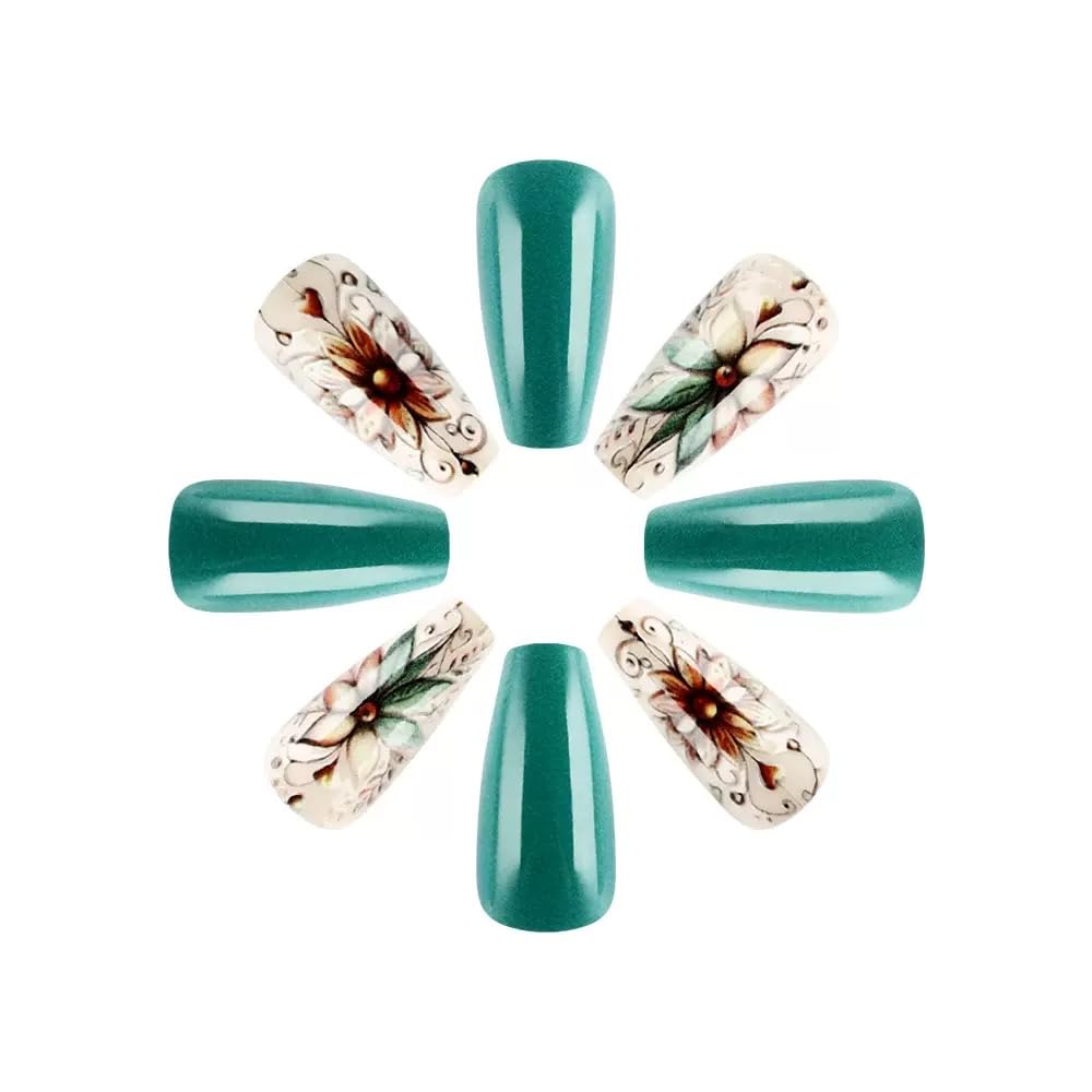 Ocean Press on Nails Square - Medium Fake Nails with Coral Shell Design - Summer, White Frecnh Tip False Nails for Women 24 Pcs