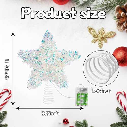 Christmas Tree Topper Star Iridescent Tinsel Star Tree Topper 10 Inch Lighted Tree Topper Battery Operated Christmas Tree Decoration for Holiday Indoor Decoration Warm White Light