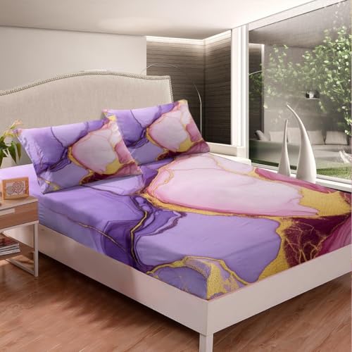 Marble Sheet Set - Pink Purple Gold Bed Sheets,Soft Modern Marble Texture Pattern Sheets,King Size 4-Piece Girly Bedding Sheets & Pillowcases Sets (1 Fitted Sheet,1 Top Sheet,2 Pillowcases) - color: Multi 01, size: King