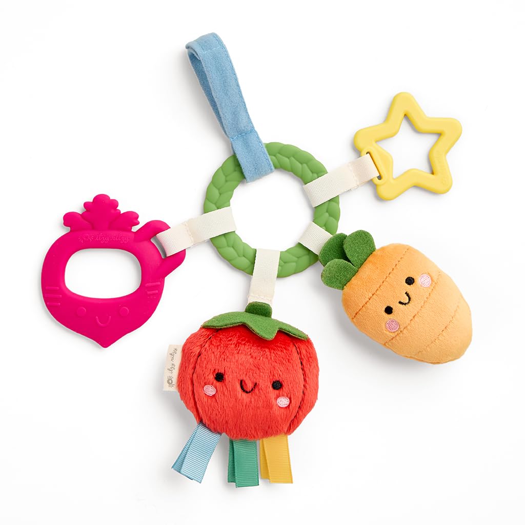 Itzy Ritzy Teething Activity Toy - Bitzy Busy Ring Infant Teething Toy Features Braided Ring & Dangling Toys, Includes Teether, Ribbons, Crinkle Sound & Jingle Bell - 0 Months & Up (Veggie)