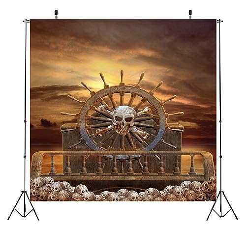 BELECO 10x10ft Fabric Pirate Backdrop Halloween Pirate Decorations Pirate Steering Wheel Scary Skulls Gloomy Sky Photography Background Kids Adult Pirate Theme Party Event Decorations Photoshoot Props - size: 10x10FT
