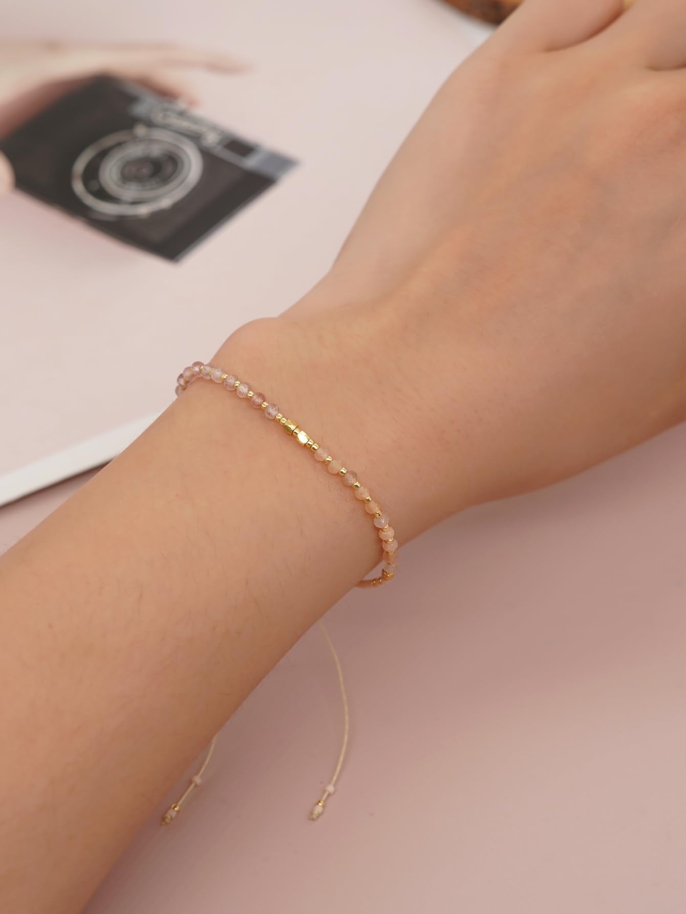 Agriajun Handmade Pink Gemstone Beaded Strand Bracelets for Women Dainty Adjustable Charm Beige String Braided Boho Gold Seed Beads Friendship Bracelets Fashion Jewelry Gift