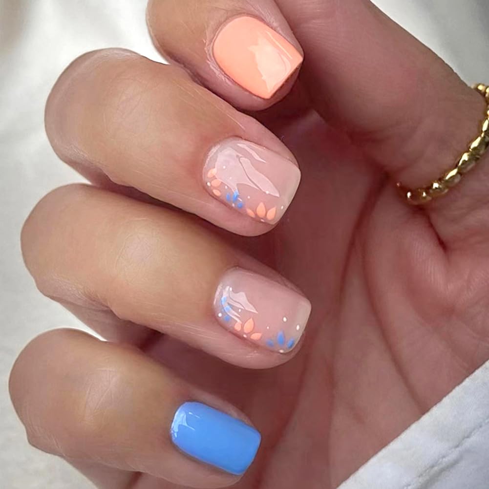 Extra Short Press On Nails Glue On Square Short Glossy Blue Fake False Nails with Small Floral Press ons Designs Artificial Stick on Nail for Women 24Pcs