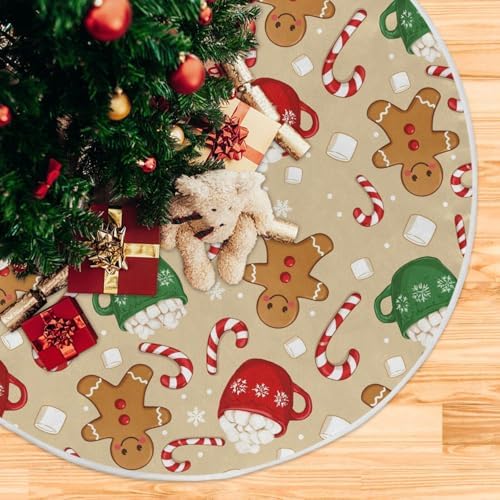 Cute Candy Cup Gingerbread Snow Christmas Tree Skirt 48" Winter Xmas Tree Skirts Mat for Happy New Year Holiday Party Supplies Rustic Ornaments Indoor Home Decor