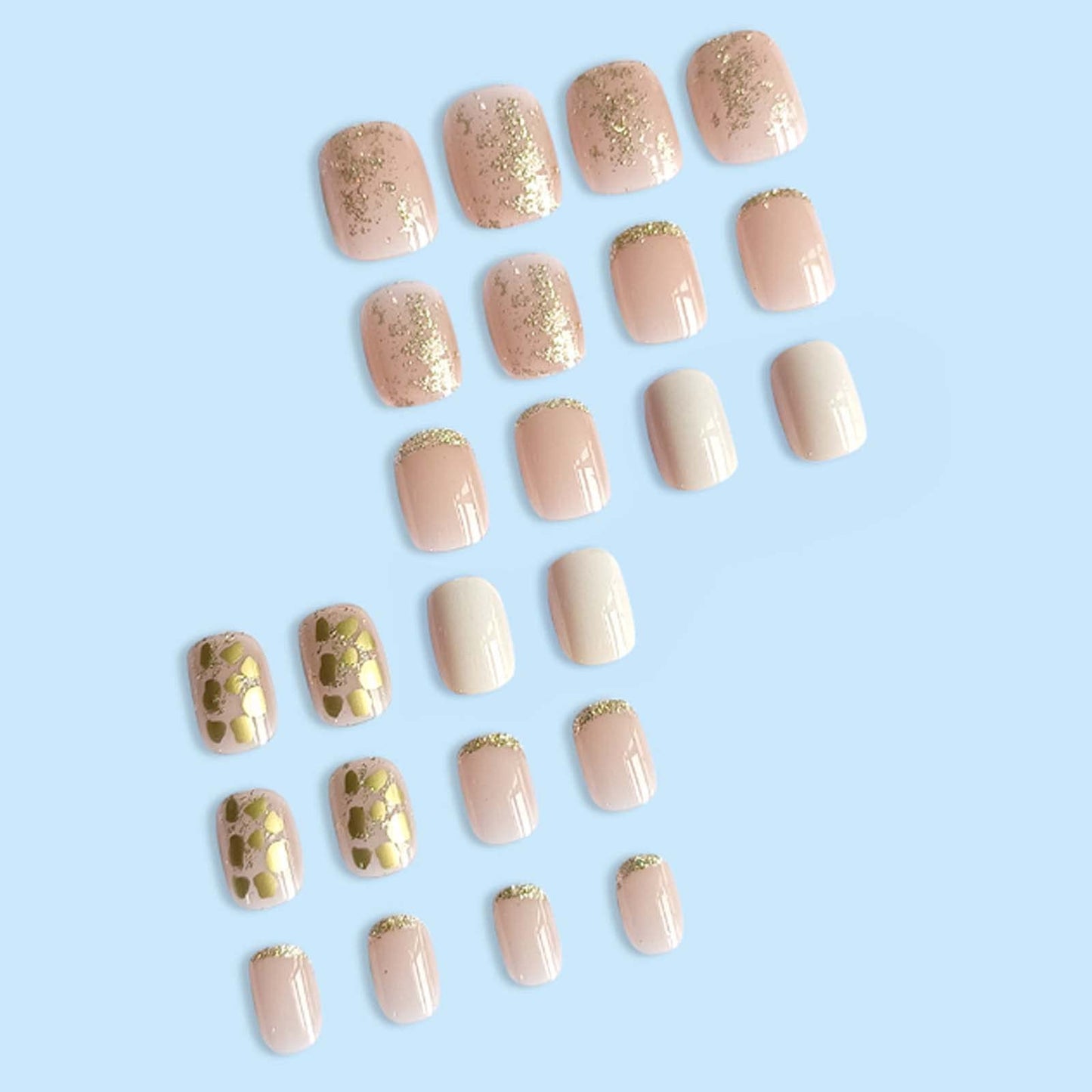 Hkanlre Short Press on Nails Square French Fake Nails Bling Acrylic Nude False Nails for Women and Girls 24PCS
