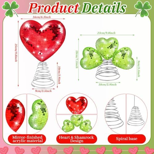 2PCS St Patrick's Day Tree Topper, 10 & 7 Inch Heart Shamrock Tree Topper, Disco Sequin Ball Treetop, Red Green Iron Metal Glitter Treetop for Wedding Holiday Party Decor