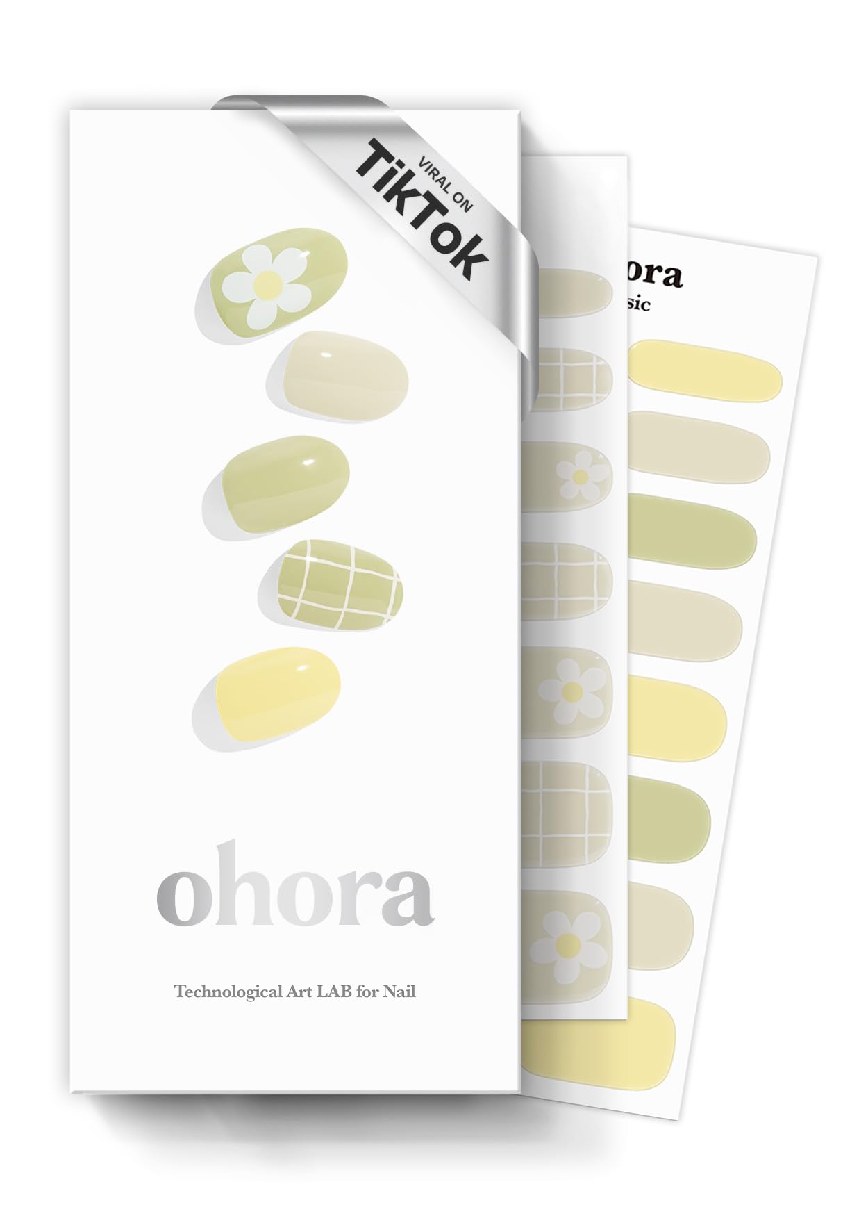 ohora Semi Cured Gel Nail Strips (N Olivia) - Green, Patterned, Works with Any UV/LED Lamps, Salon-Quality, Long Lasting, Easy to Apply & Remove