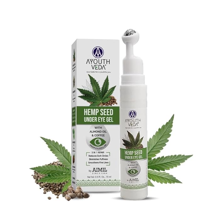 Hemp Seed Under Eye Gel with Cooling Massage Roller|For Puffy Eyes, Dark Circles, Wrinkles & Fine Lines|With Hemp Seed Oil, Almond oil & Coffee| (Pack of 1;15ml)