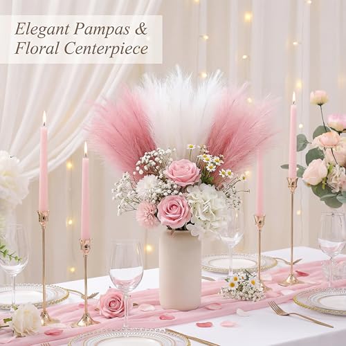 Pampas Grass Decor 30pcs 21.7 Inch, Faux Pampas Grass (White/Pink/Rose Red), Artificial Dried Flowers Look, Fluffy No Shedding for Boho Wedding Home Bedroom Vase Filler - size: Pink White Rose