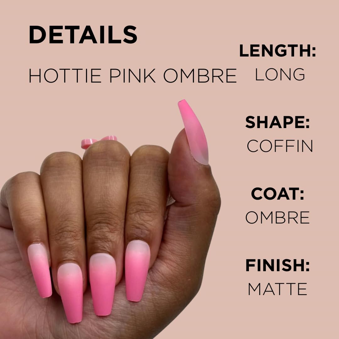 HOTTIE PINK OMBRÉ Press-On Nails by Lavaa Beauty | Long Coffin | Pink Ombré Matte Finish