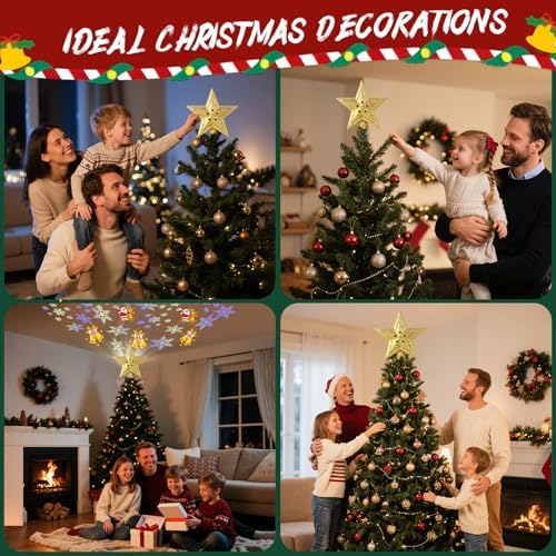 Christmas Tree Topper Star, 360?? Rotating LED Projector Light with 2 Patterns, Plug in Tree Topper for Christmas Decorations, Sparkling Glitter Iron Star for Xmas Holiday Home Party (Gold)