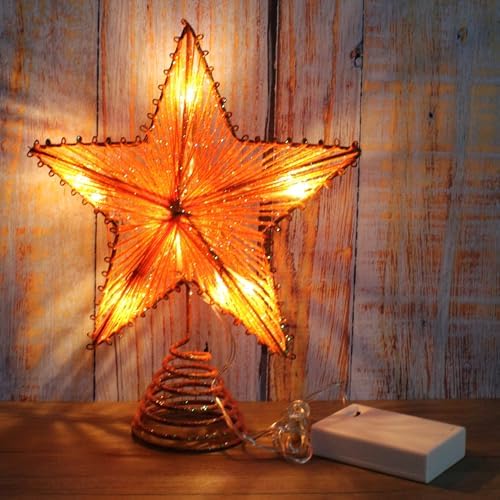 CVHOMEDECO. Orange Glittered 3D Tree Top Star with Warm White LED Lights and Timer for Christmas Tree Topper Decoration and Holiday Seasonal D??cor, 8 x 10 Inch