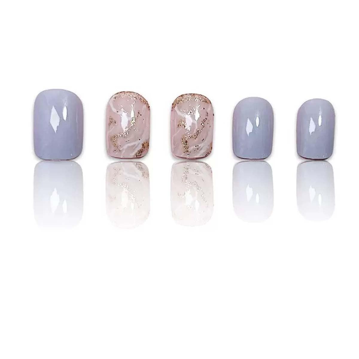 Square Press On Nails Short Fake Nails Marbling With Glitter Design Blue False Nails Full Cover Acrylic Glossy Glue On Nail Cute Stick On Nail For Women Manicure Art 24pcs