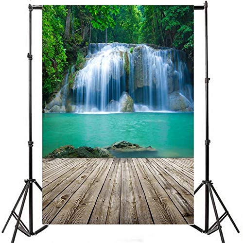 AOFOTO 4x5ft Waterfall Photography Backdrop Nature Landscape Falls Cascades Jungle Mountain Forest River Stream Lake Wooden Board Floor Background Adult Girl Boy Travel Portrait Photo Studio Props - size: 4x5ft
