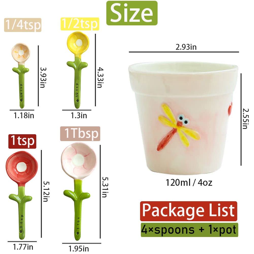 Flower Measuring Spoons Set in Pot Unique Baking Gifts Ceramic Cute Measuring Cups and Spoons with Holder for Dry Wet Ingredients Dishwasher Safe Pink